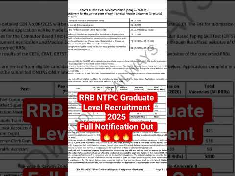 RRB NTPC Graduate Level Recruitment 2025 Full Notification Out 🔥🔥🔥|| #rrb #ntpc #graduate #noticeout