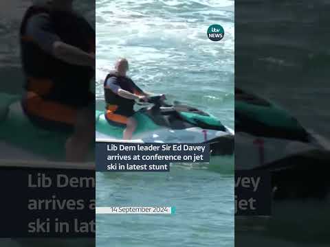 Lib Dem leader Sir Ed Davey arrives at conference on jet ski in latest stunt #itvnews