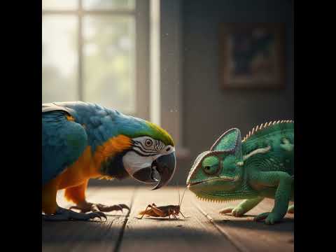 Macaws vs. Chameleons: A tense battle for a cricket.