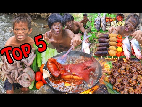 Survival In The Rainforest - Cocking Fish And Pighead In Jugle - Top 5 Videos Mr Eat