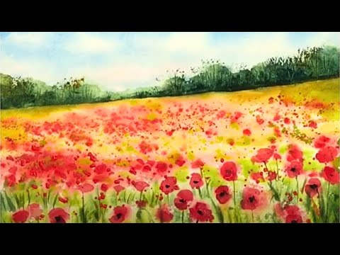 Atmospheric Step by Step Poppy Field Landscape Watercolour Tutorial
