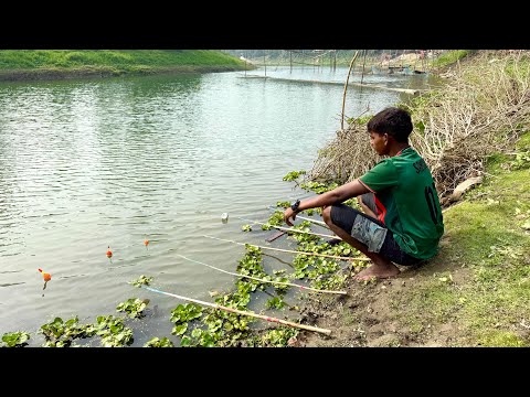 Very Easy Fishing Technique || Village Boy Catching Fish By Bamboo Tools Hook In The Village River