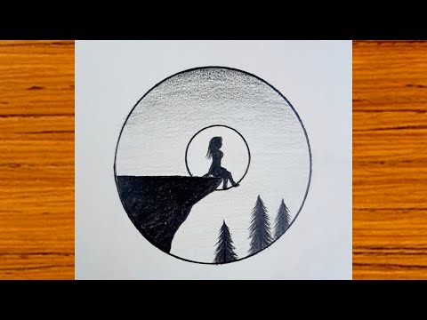 رسم سهل||رسم فتاة وحيدة تجلس على ضوء القمر||تعلم رسم مشهد اليل وضوء القمر