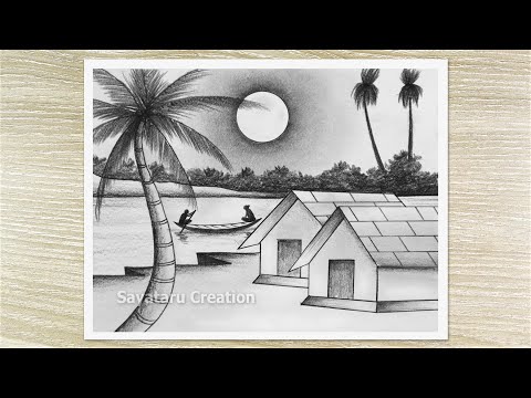 Amazing Moonlight Night Scene Drawing by Pencil, Pencil Drawing for Beginners