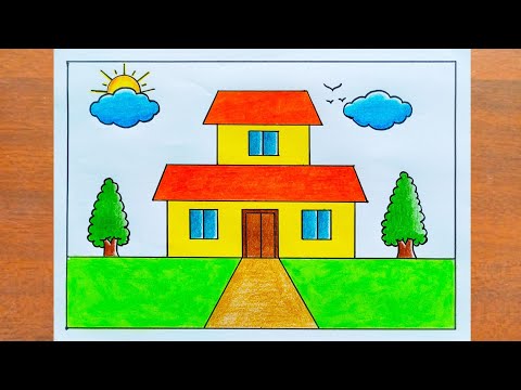 House Drawing / How to Draw a House Easy Step by Step / Beautiful House Scenery Drawing Easy Steps