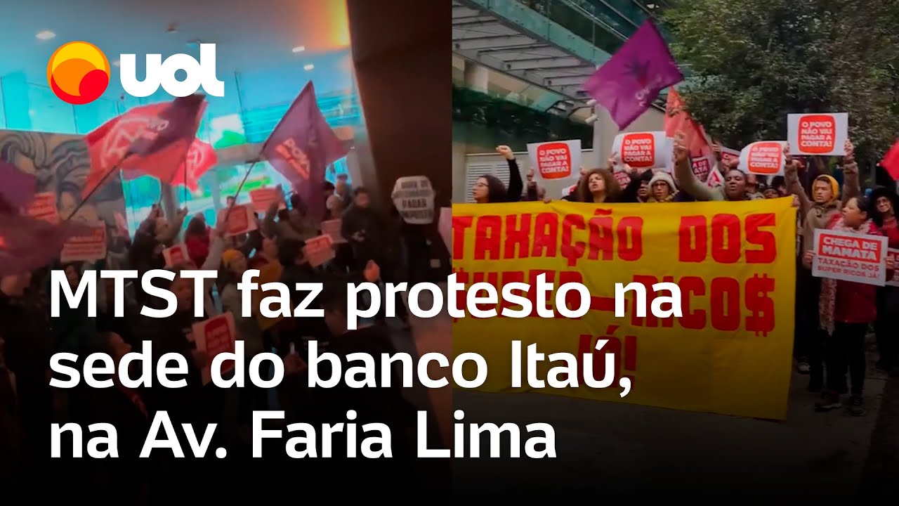 MTST faz protesto pela taxação dos super ricos na sede do banco Itaú na Avenida Faria Lima vídeo