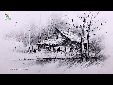 How to draw House in Landscape with Pencil Sketch and Shading
