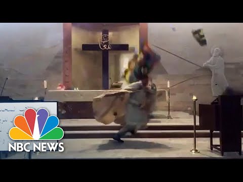 Priest Runs For Cover As Huge Beirut Blast Brings Stained Glass Windows Crashing Down | NBC News NOW