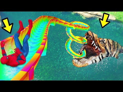 GTA 5 TIGER CROCODILE Water Slides SPIDERMAN  WATER RAGDOLLS  (Euphoria Ragdolls) ep.4