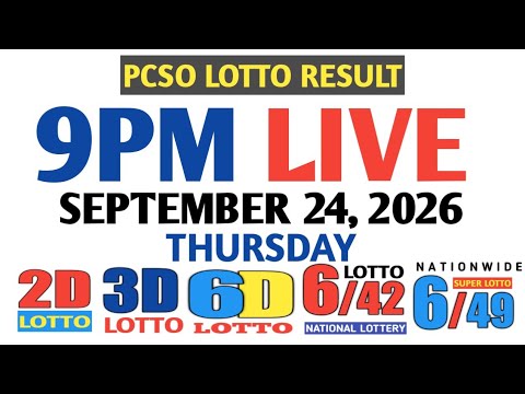 Lotto Result Today 9pm Thursday pcso 2d 3d swertres ez2 September 24 2026 6d 6/42 6/<strong>49</strong>