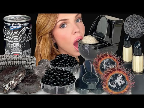 ASMR MUKBANG, Black Dessert, Frozen Corn, Rambutan Jelly, Black Sesame Marzipan, Toilet Drink 먹방
