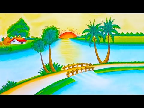 How to Draw Sunset Scenery | Easy River Village Sunset Drawing with Oil Pastels