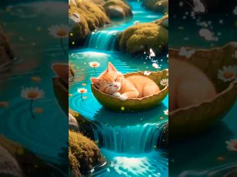 "Sleeping Baby Cat in Leaf Boat 🌸 Serene Fantasy Nature!" #shorts #cat #relaxingmusic