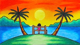 Menggambar Pemandangan | Cara Mudah Menggambar Pemandangan Sunset Yang Indah Dengan Oil Pastels
