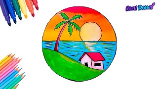 Cómo dibujar un PAISAJE DE CASA EN LA PLAYA  - paisajes fáciles Paso a paso