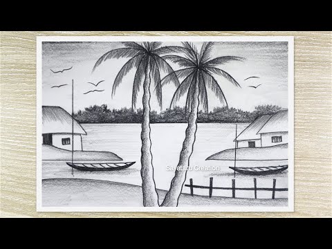 Beautiful Riverside Village Scenery Drawing with Pencil, Pencil Art, Pencil Sketch