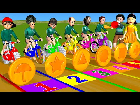 Scary Teacher 3D vs Squid Game Racing Bicycle Water Wheel vs Dalgona Candy Who Faster Door Cages