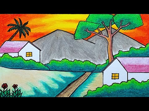 Easy Scenery Drawing | How To Draw Village and Mountain Scenery With Oil Pastels