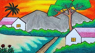 Easy Scenery Drawing | How To Draw Village and Mountain Scenery With Oil Pastels