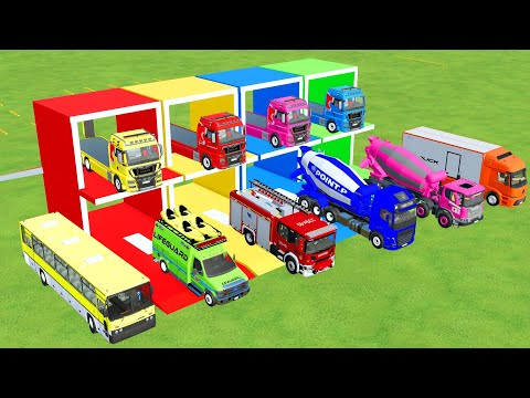 TRANSPORTING MIXER TRUCK, DUMP TRUCK, CEMENT TRUCK , FIRE TRUCK TO GARAGE WITH MAN TRUCK - FS22