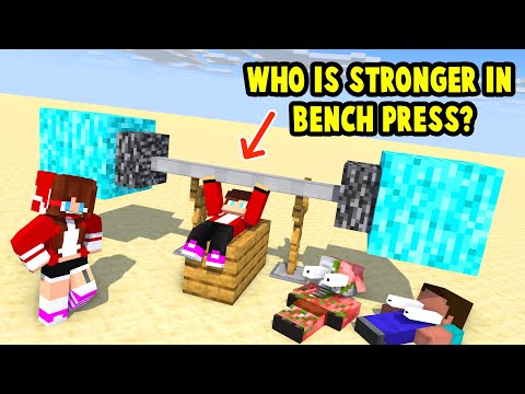 Monsters & Herobrine JJ and Mikey : WHO IS STRONGER IN BENCH PRESS - Maizen Minecraft Animation