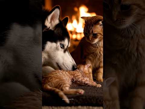 🐶 Husky Saves a Frozen Kitten ❤️ #wildliferescue