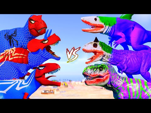ALL PURPLE JOKER DINOSAURS vs ALL RED SPIDER-MAN DINOSAURS - Superhero Dinosaurs Team Jurassic World