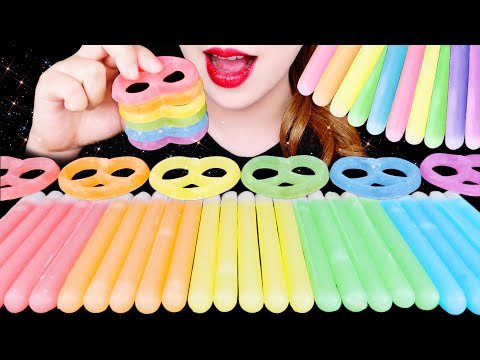 ASMR *CRUNCHY* FROZEN WAX BOTTLE STICK CANDY, GUMMY PRETZEL CANDY RAINBOW FOOD EATING SOUNDS MUKBANG