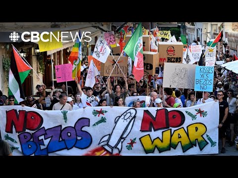 YouTube video thumbnail: Bezos Wedding Finale Draws Hundreds of Protesters in Venice
