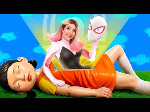 オタクのイカゲーム人形からグウェン・ステイシーへ！簡単なSGDメイクオーバー！スーパーヒーローになる方法！