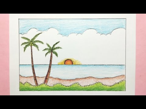 Cara menggambar pemandangan pantai - How to draw beach scenery