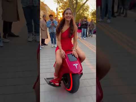 ❤️ Woman in Red Dress Rides Red Tesla One Wheel at Sunset Park! Crowd Amazed! ⚡🌅