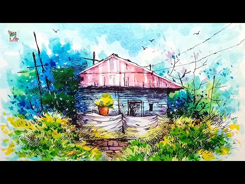 Wooden House Painting in Village Landscape Art