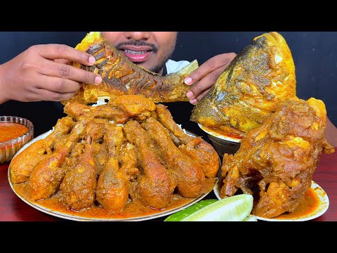 ASMR: Spicy Chicken Leg Piece Curry , Beef Paya, Big Fish Head Curry with Rice Eating Show_mukbang