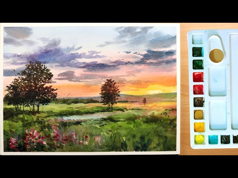 Painting with Watercolors: A Beautiful Sunset Landscape with Trees