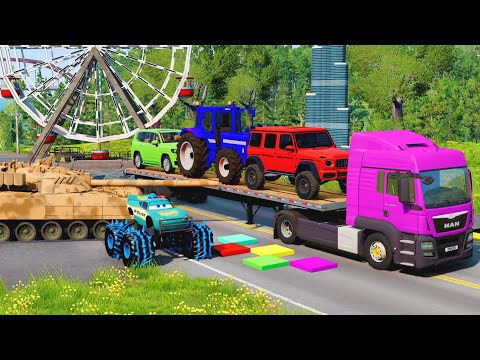 Flatbed Trailer McQueen Transportation with Truck - Speedbumps vs Cars vs Train - BeamNG.Drive #27
