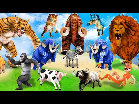 5 Zombie Lion Tiger Wolf vs 5 Giant Elephant Cow Buffalo Gorilla Saved by Mammoth vs Lion Tiger Wolf