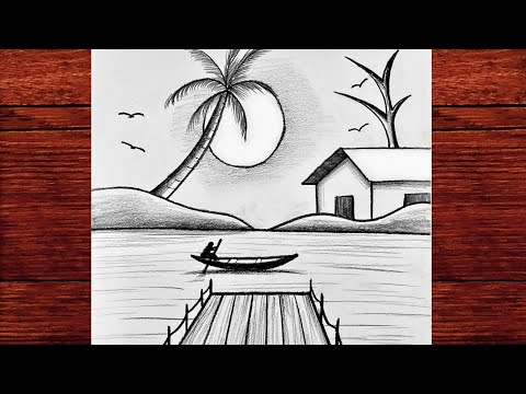 How to Draw a Peaceful Village Scene with Boat and Palm Tree - Relaxing Pencil Sketch Tutorial