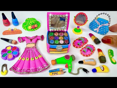 DIY How To Make Polymer Clay Miniature Makeup Set with Pink dress, Shoes, Eyeshadow, IMakeup Kit pt7