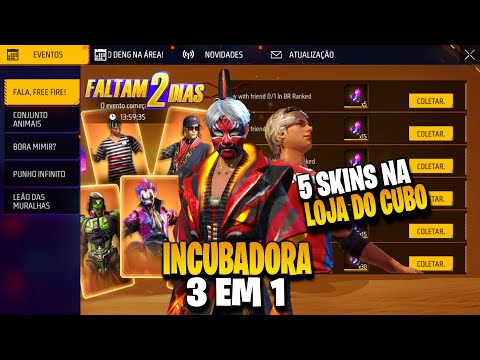 URGENTE!! 5 NOVAS SKINS NA LOJA DO CUBO MÁGICO, INCUBADORA 3 EM 1 E COMUNICADO - NOVIDADES FREE FIRE