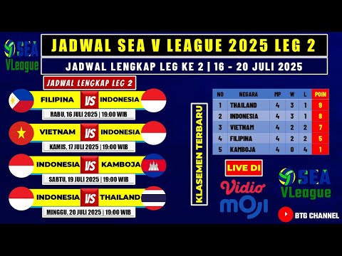 Jadwal Lengkap SEA V League 2025 Leg 2 Hari ini: 16-20 Juli 2025 LIVE MOJI TV |Klasemen SEA V League