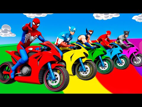 الأبطال الخارقين على القضبان دوامة قمع جسر 🎯🏍️ RAINBOW SPIDER MAN! on Motorcycle in Spiral Brid