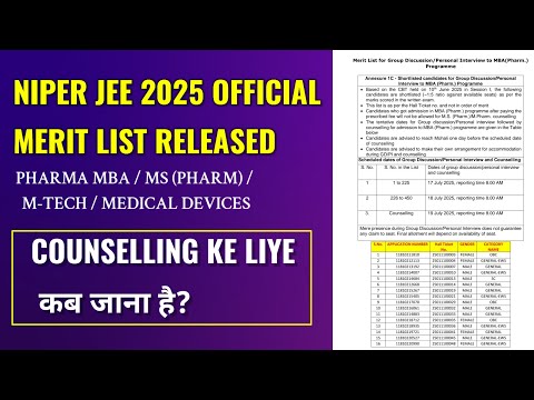 NIPER JEE 2025 Merit List Out 🔥 | Rank, Seat Matrix, Counseling Date / MBA,MS, M-Tech /