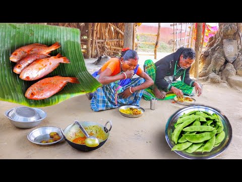 RED SEA CURRY and vegetables Bora recipe cooking & eating by old santali tribe couple