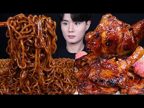 자메이카통다리 짜파게티 치즈볼 치킨 먹방ASMR MUKBANG BLACK BEAN NOODLES & SPICY BBQ CHICKEN チキン チーズボール eating sounds