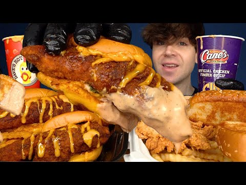 ASMR MUKBANG EXTRA CANE'S SAUCE DAVES HOT CHICKEN BURGERS & FRIES & BUTTER TOAST