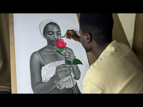 Creating Hyperrealism:Charcoal Drawing of Woman with Rose Flower