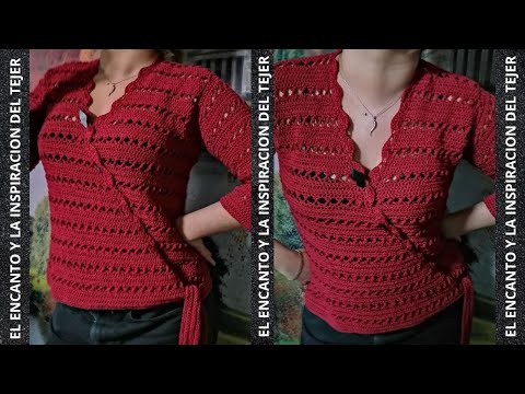 COQUETA BLUSA CRUZADA A CROCHET TALLA DE MEDIANA A GRANDE