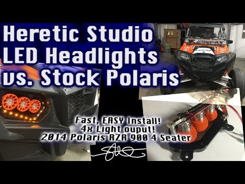 Heretic Studio LED Headlights vs. Stock - Polaris RZR 900 4 seater SUPER BRIGHT!  EASY INSTALL!