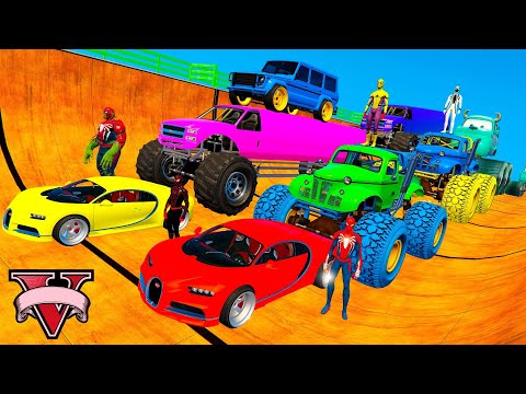 Spiderman & Super Heroes Race In Mega Ramps By Mack Trucks & Sea Bikes Super Cars